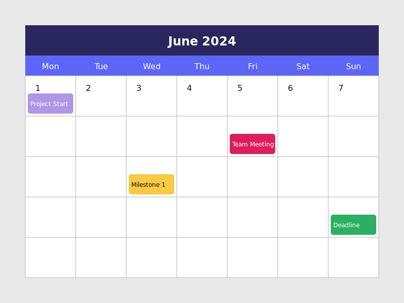 Calendar view project timeline.