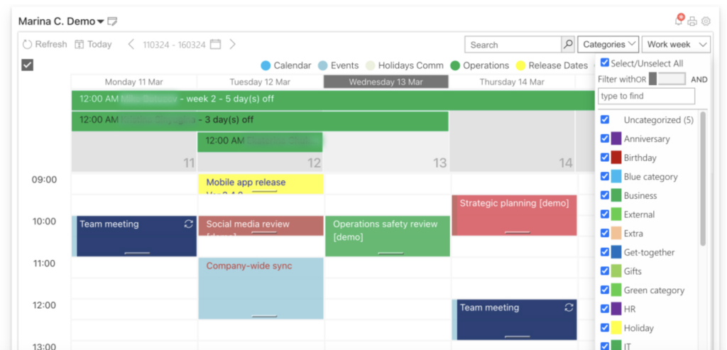 Pic. 27. Sample categories in Virto Calendar.
