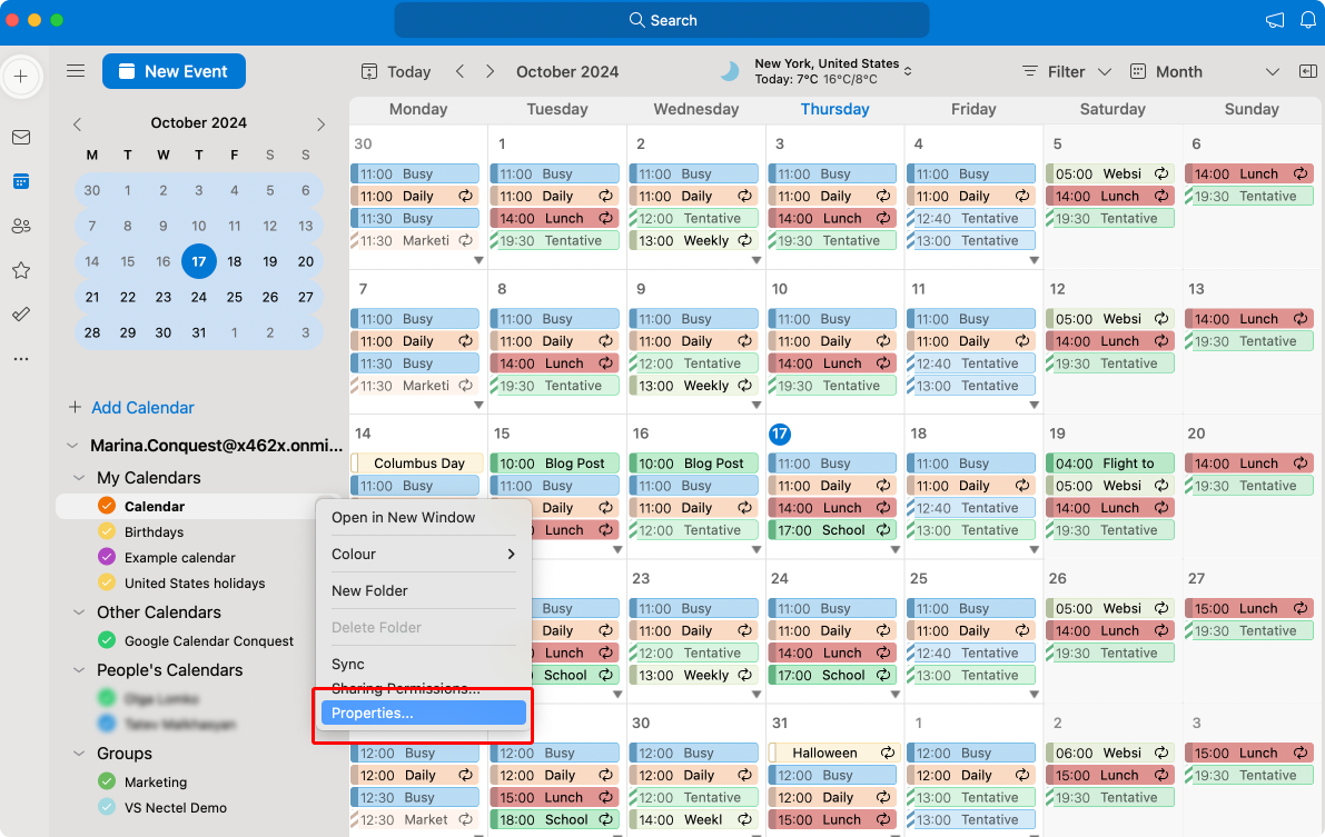 Navigating to calendar properties in Outlook for Mac. 