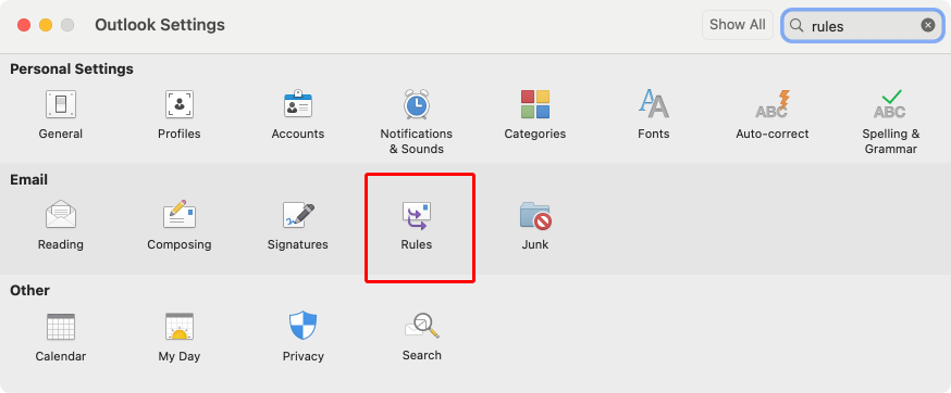 Pic. 15. Navigating to “Rules” in Outlook for Mac.