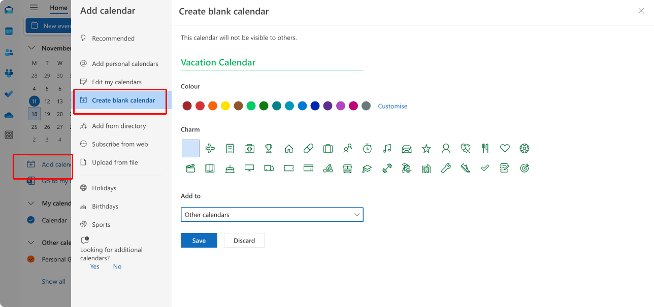 Pic. 4. Creating a new blank calendar in OWA.