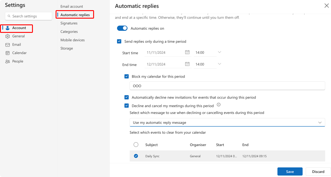 Pic. 14. Setting up automatic replies in OWA.