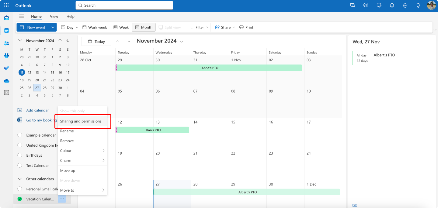 navigating to “Sharing and permissions” in OWA.