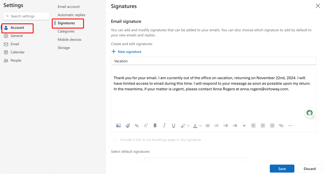 Pic. 12. Configuring your PTO signature in OWA.