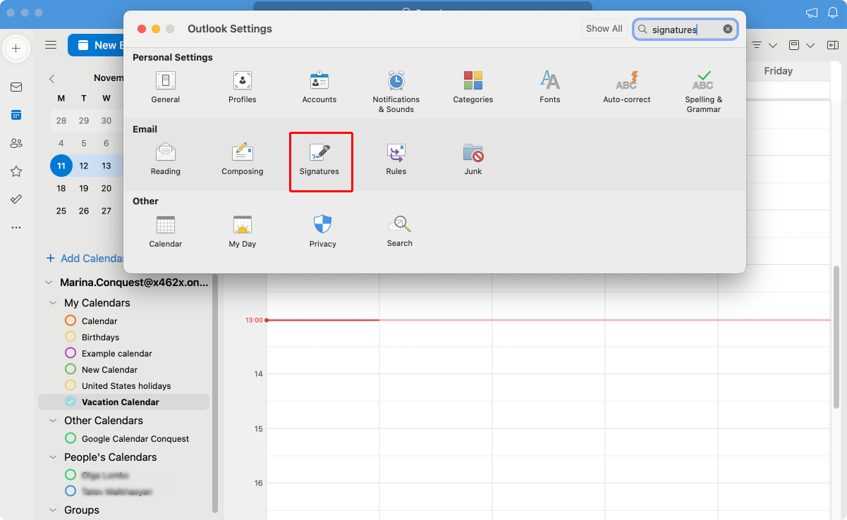 Pic. 10. Navigating to “Signatures” in Outlook for Mac.