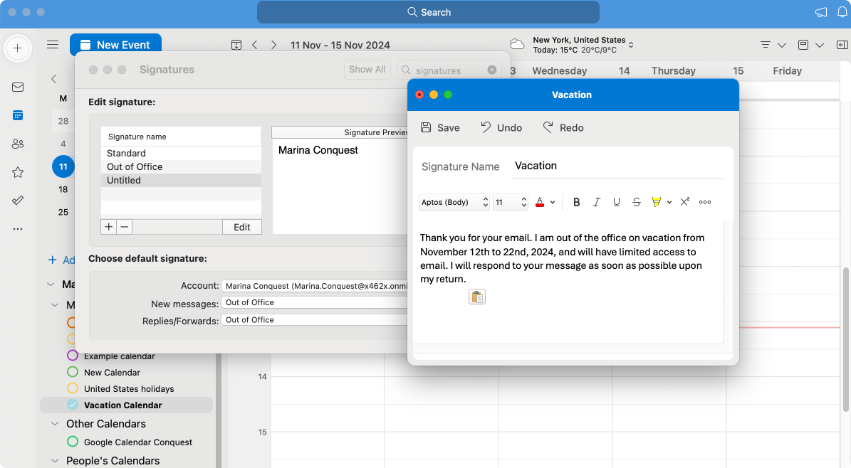 Pic. 11. Configuring your PTO signature in Outlook for Mac.