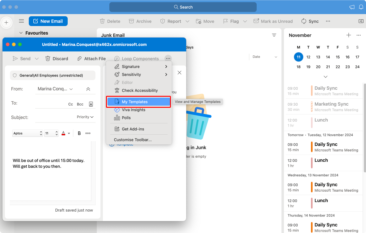 Pic. 17. Navigating to “My Templates” in Outlook for Mac.