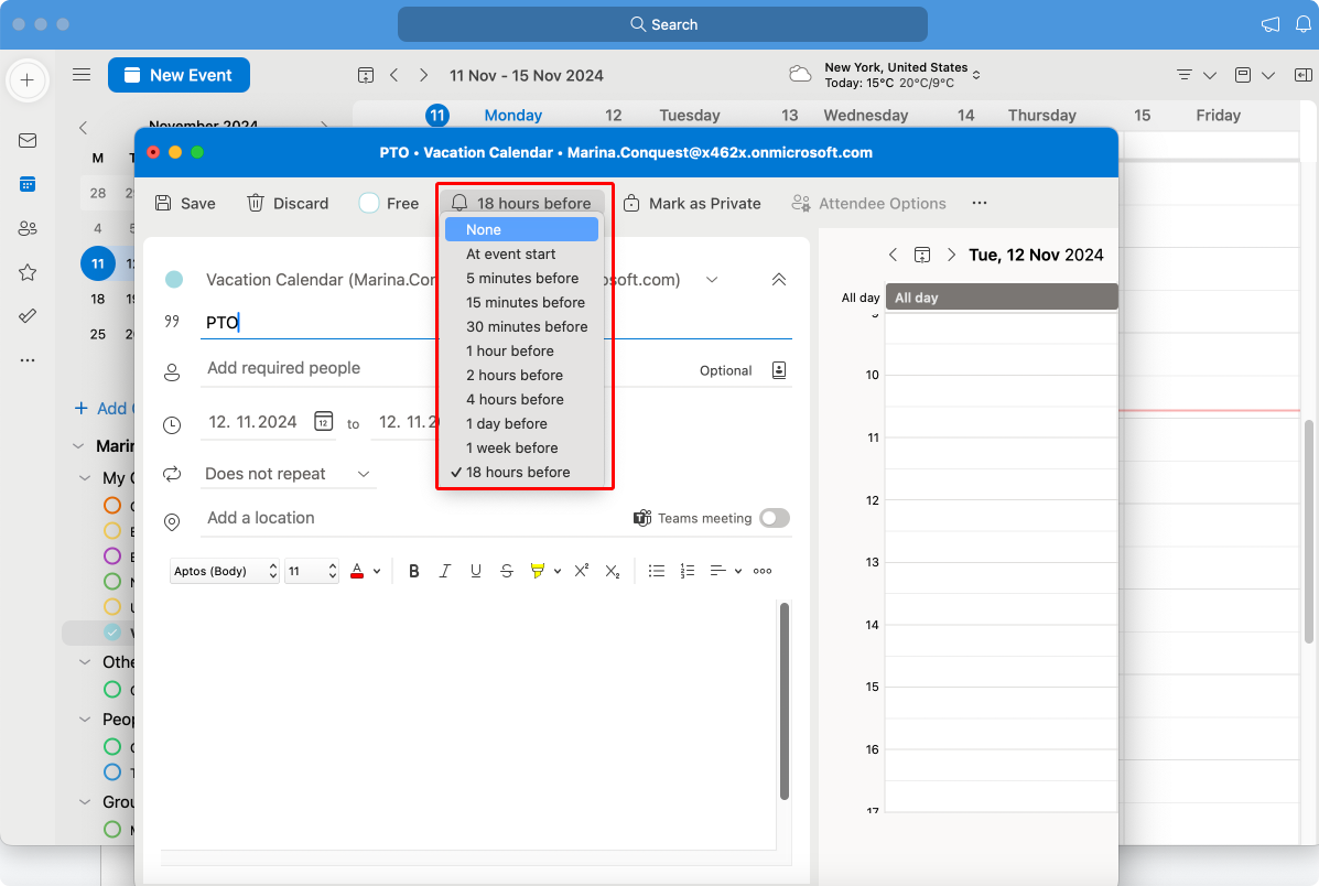 Pic. 8. Setting reminders for a PTO event in Outlook for Mac.