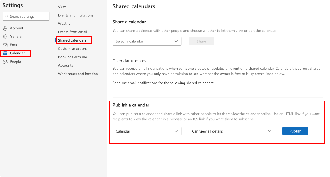 Pic. 12. Getting a link to your Outlook calendar.