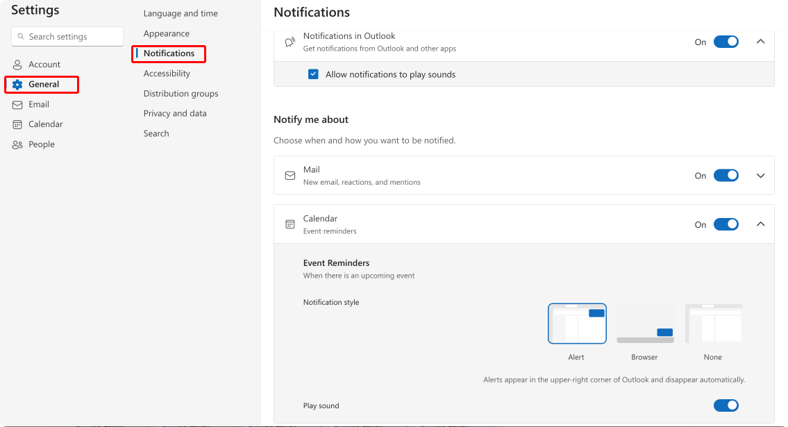 Pic. 19. Configuring notification settings in OWA.