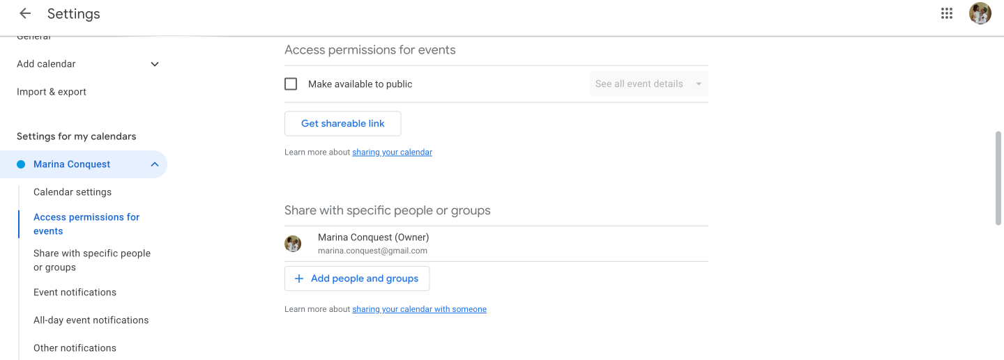 Pic. 3. Checking “Access permissions” in Google calendar.