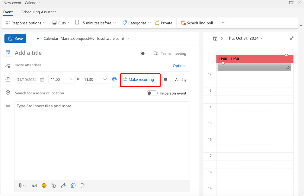 Pic. 22. Configuring recurrence when creating an event in OWA.