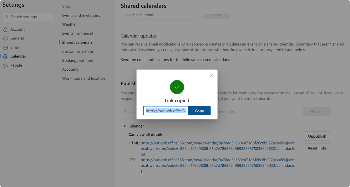 Pic. 13. Copying a link to your published calendar.