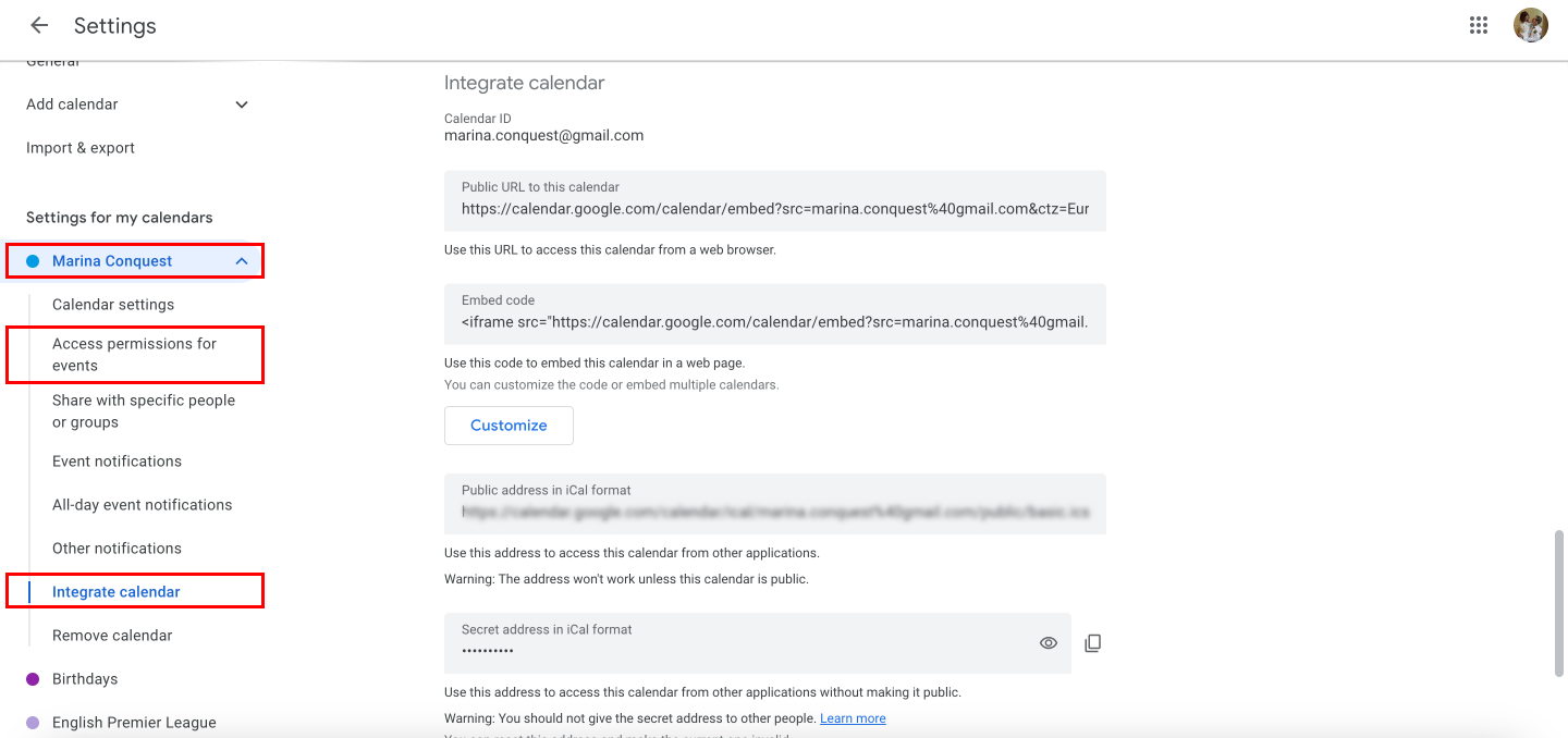 Pic. 2. Locating a particular Gmail calendar’s settings, such as “Access permissions” and “Integrate calendar”.