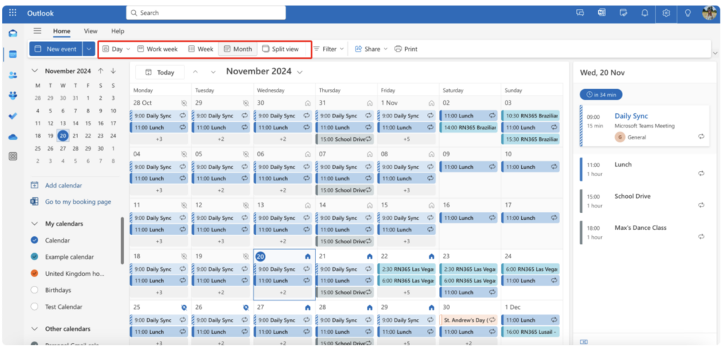 Pic. 11. Navigating to different calendar views in OWA.
