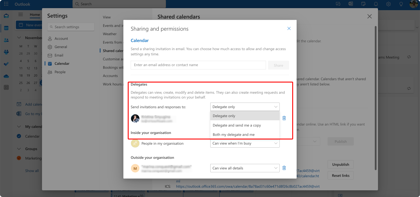 Pic. 5. Managing delegate permissions in OWA.