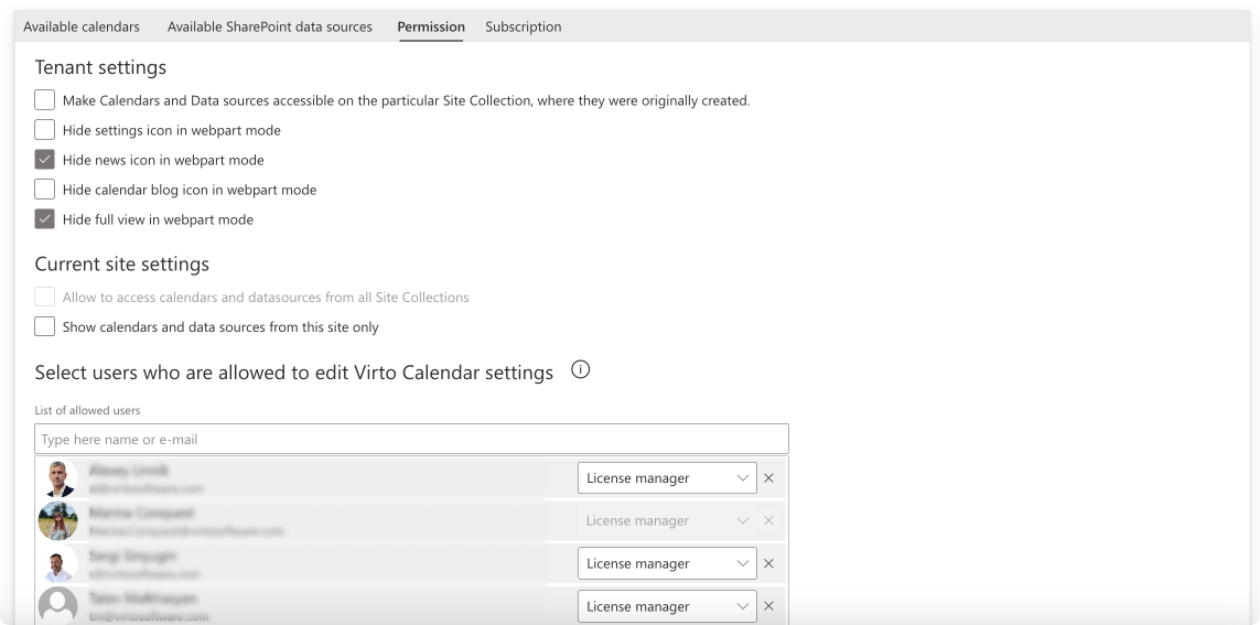 Pic. 9. A sample Virto Calendar permissions overview.