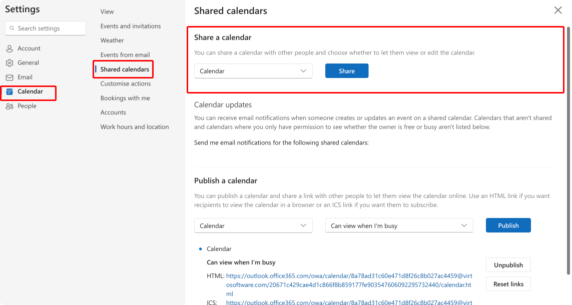 Pic. 1. Navigating to the “Shared calendars” option in OWA. 