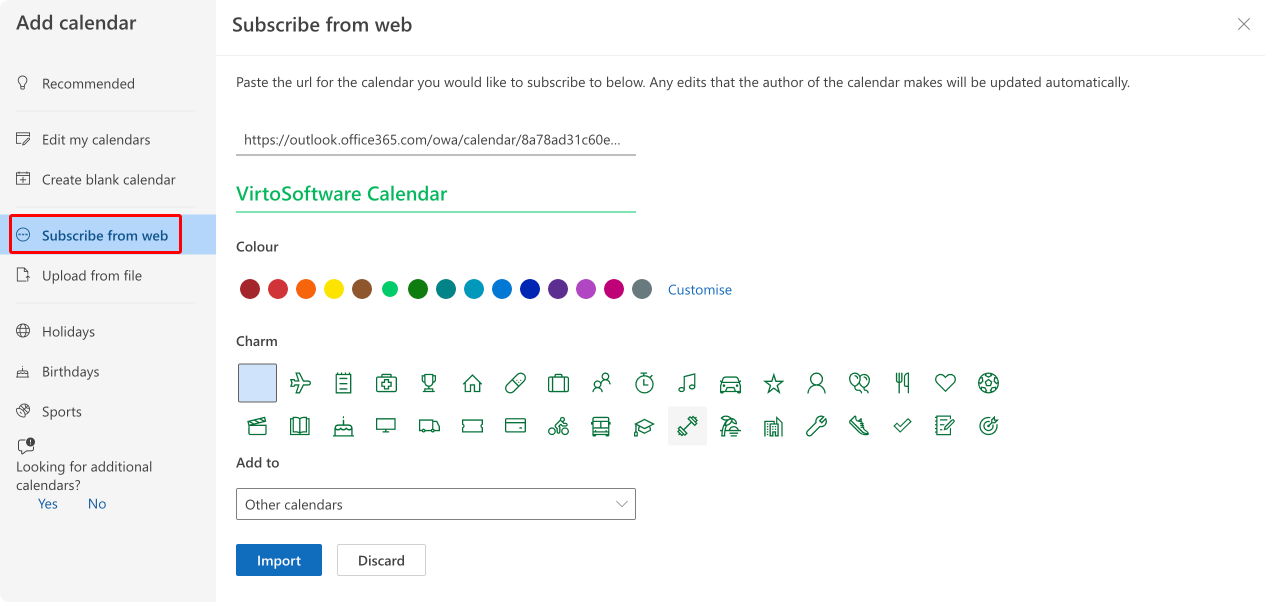 Pic. 6. Subscribing to a calendar from web in OWA.