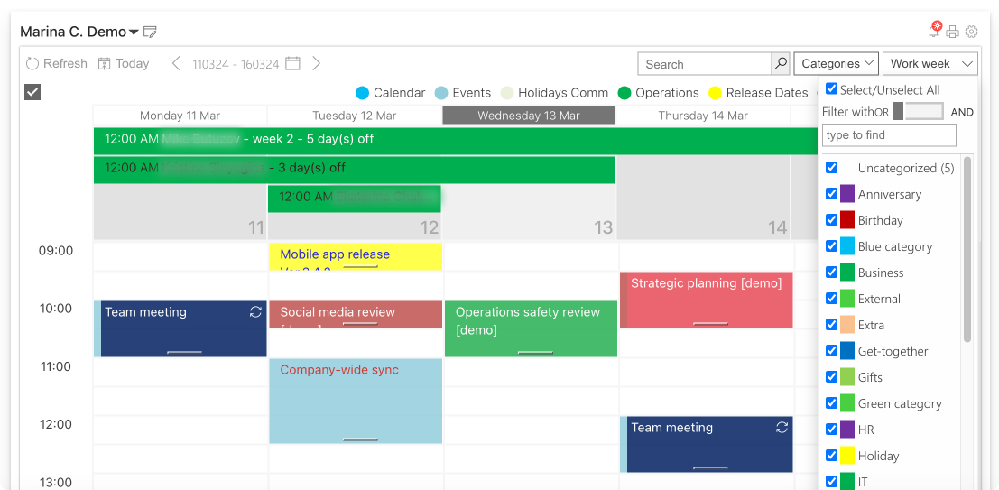 Pic. 17. Checking different categories in Virto Calendar.