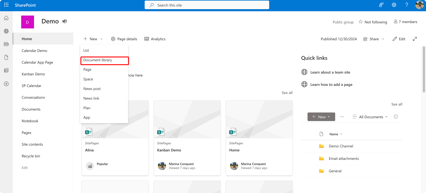 Pic. 2. Creating a document library on a SharePoint site.