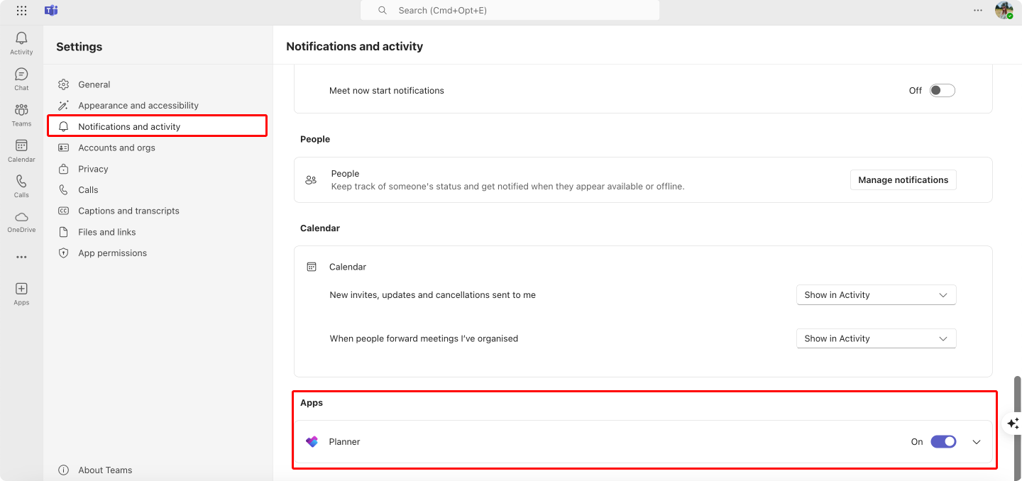 Pic. 16. Adjusting notifications for the Planner app on Teams.