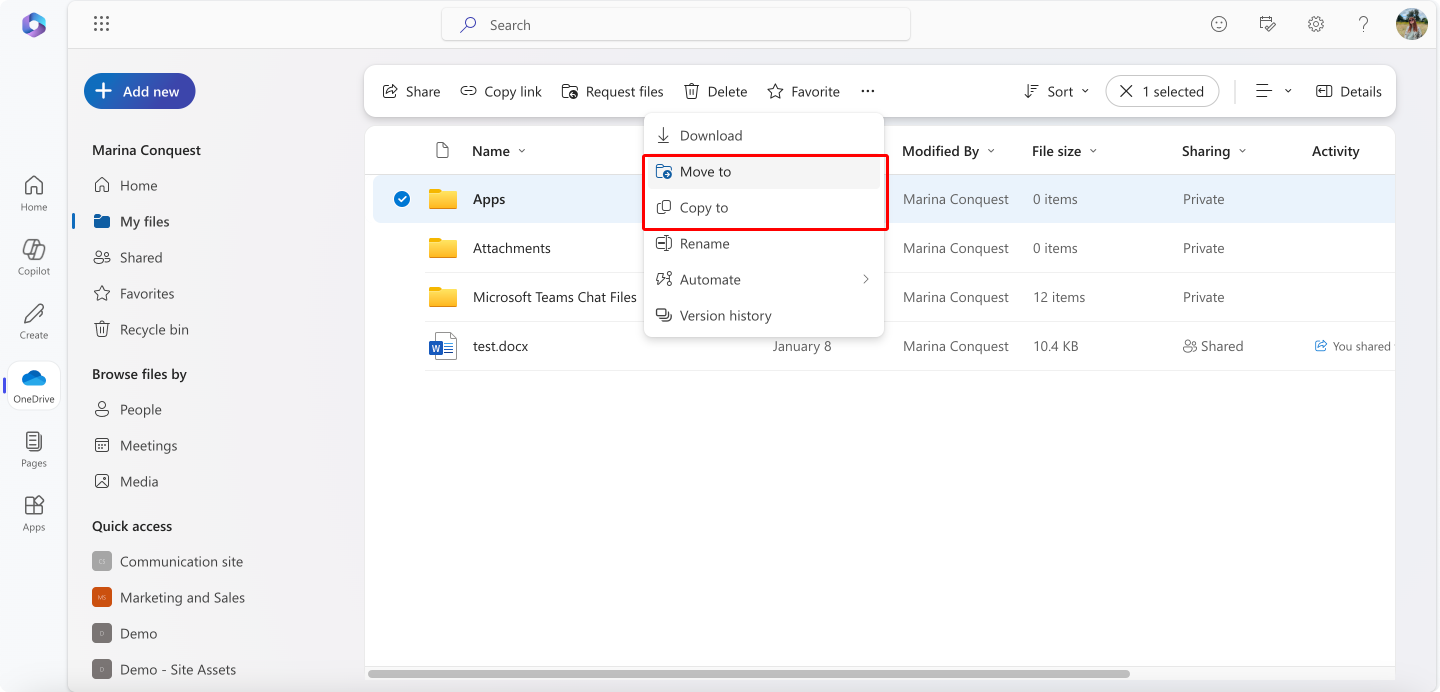 Pic. 3. Moving or copying files within OneDrive.