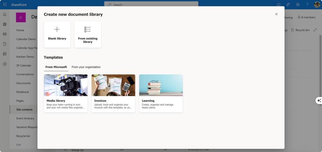 Pic. 3. A new document library options–blank, from existing library, or template.