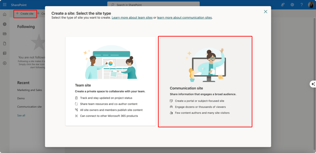 Choosing between Team & Communication site