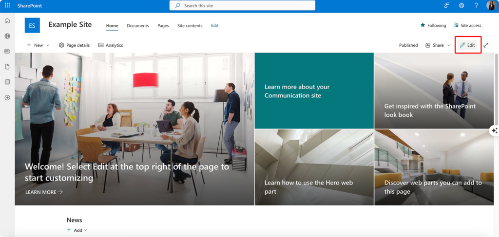 Locating the “Edit” button for editing your site