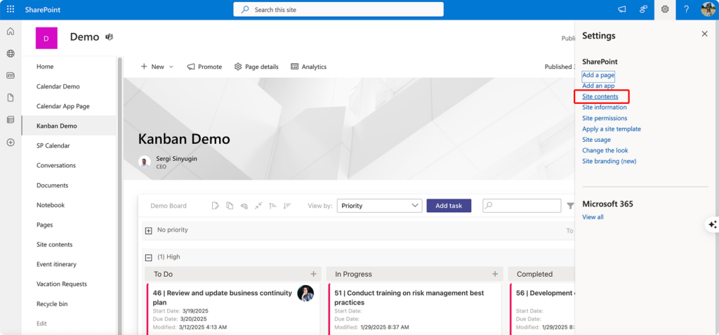 Pic. 1. Navigating to “Site contents” on SharePoint site.