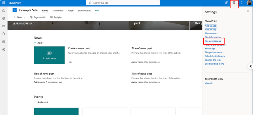 Navigating to “Site permissions”