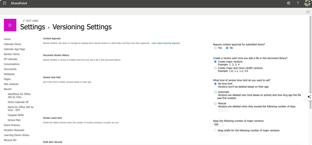 Pic. 5. Navigating to “Versioning settings”.