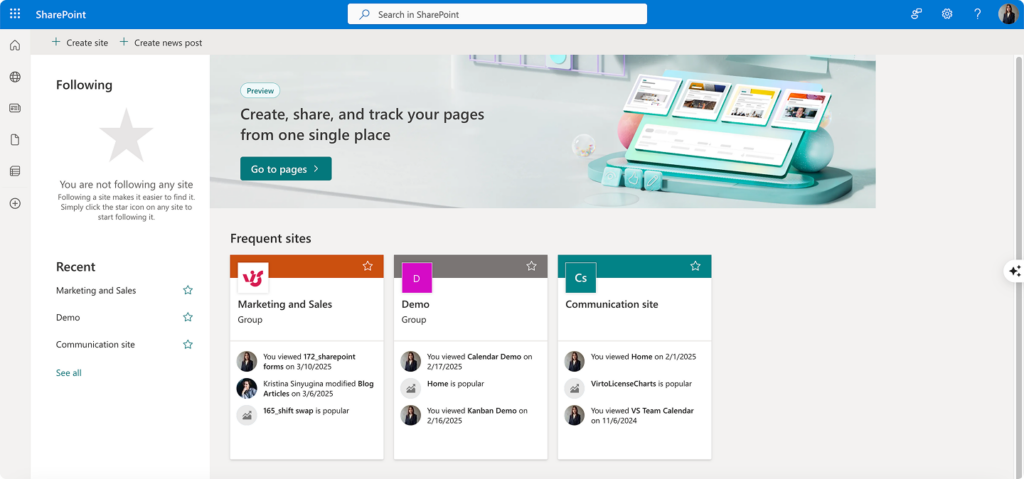 SharePoint landing page