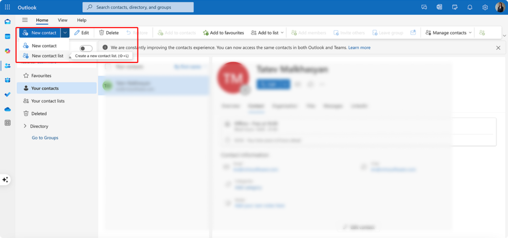 Adding a “New contact list” in Outlook for the web