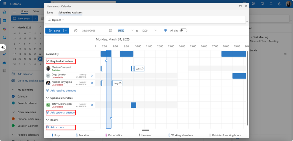 Adding both required and optional attendees (as well as rooms) and checking their availability per time slots