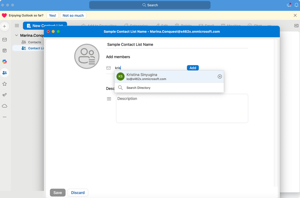 Adding members to sample contact list on Outlook for Mac