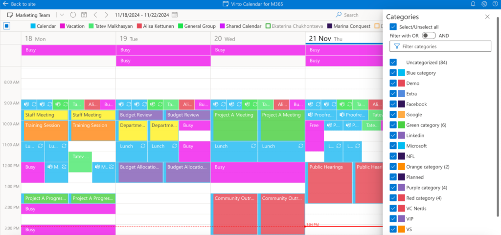 Example of Virto Calendar categories