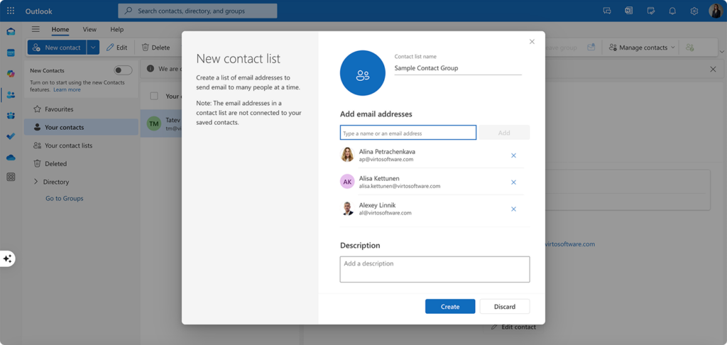Naming your contact group and adding members in Outlook for the web