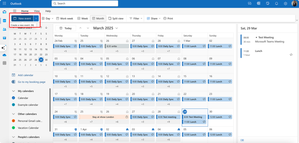 Navigating to “New event” in Outlook for the web