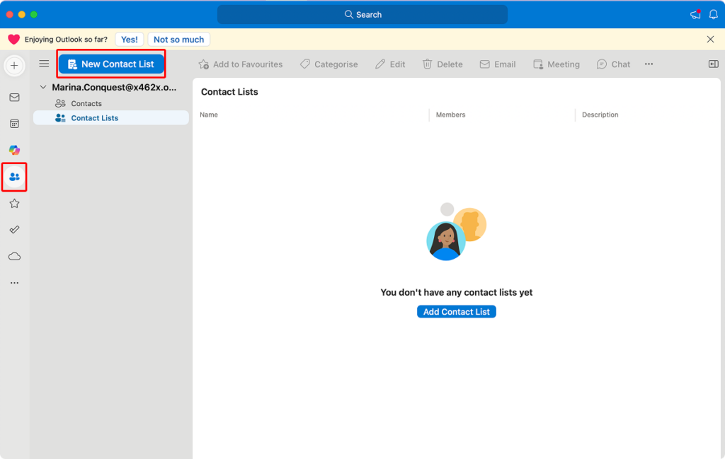 Navigating to “People” → “New Contact List” on Outlook for Mac