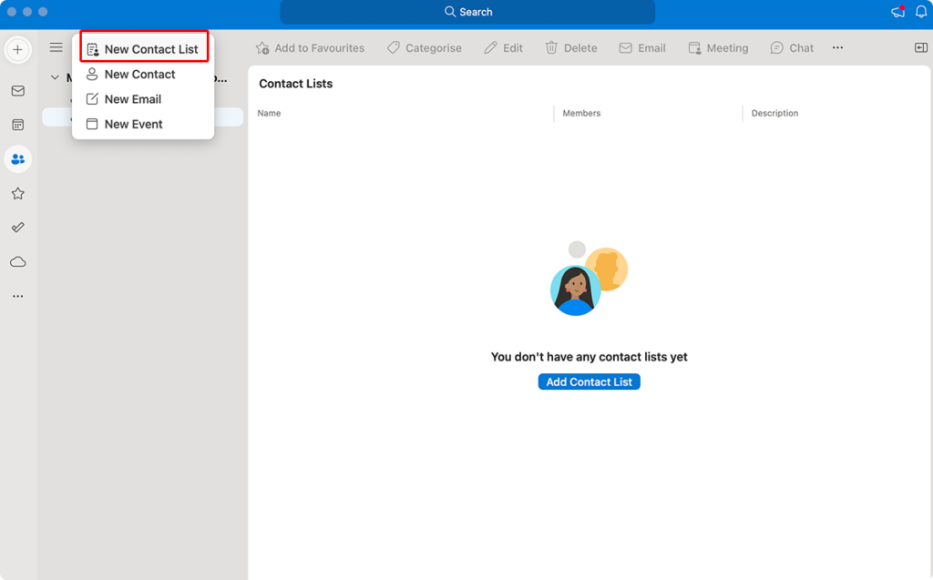 Navigating to the “New Contact List” on Outlook for Mac