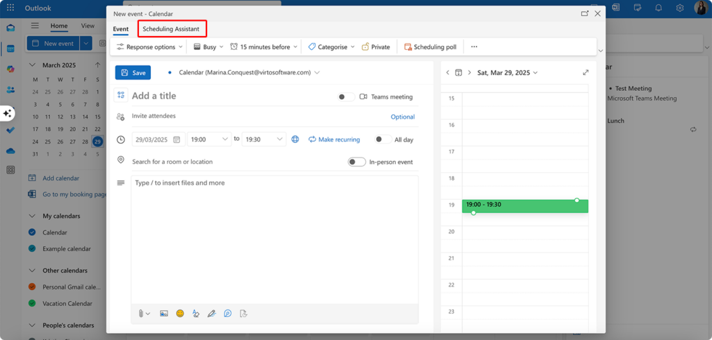 Navigating to the “Scheduling Assiant” in Outlook for the web