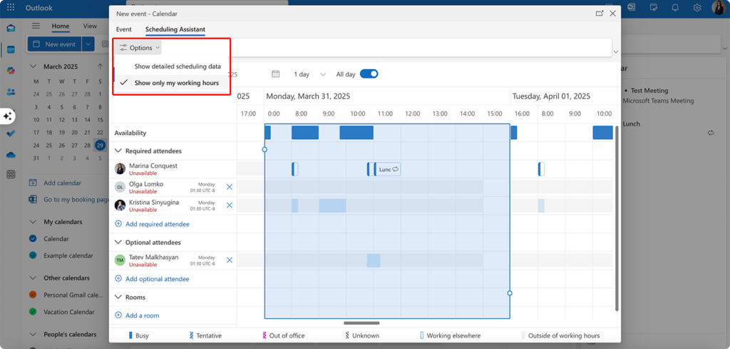 Navigating to the “Show only my working hours” option