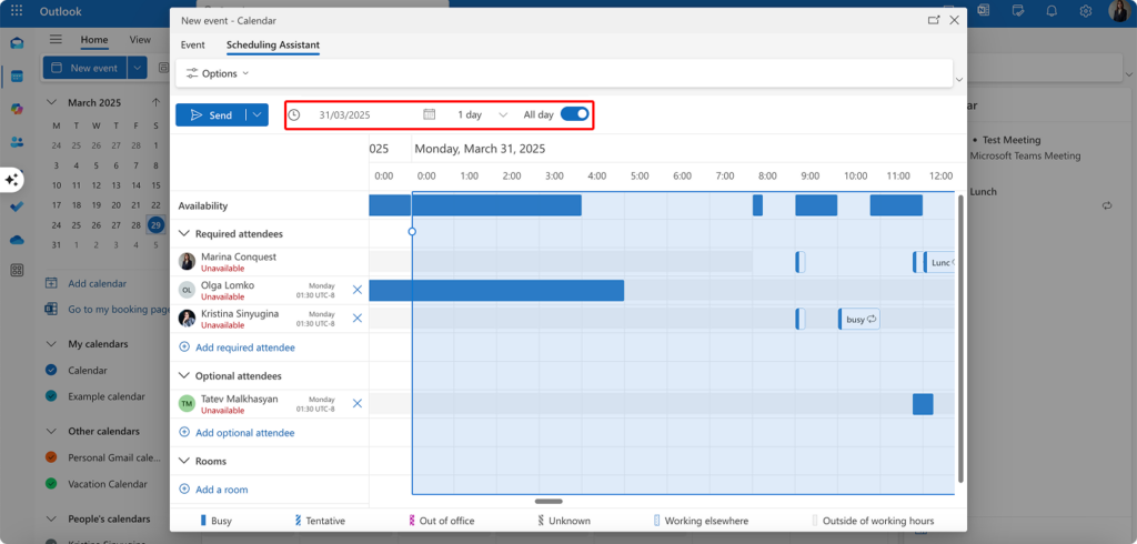 Navigating to the date navigator within “Scheduling Assistant”