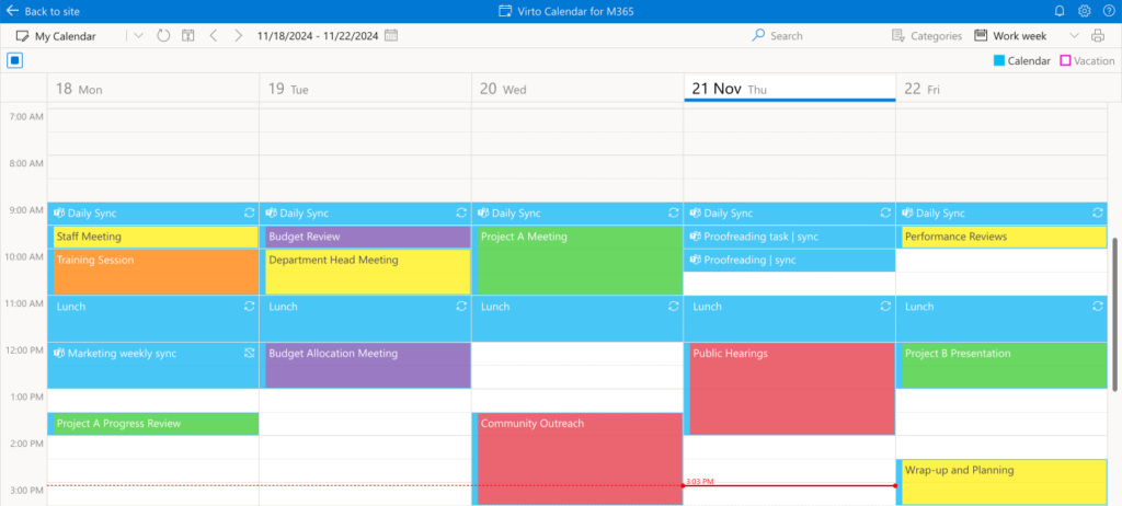 Sample color-coded Virto Calendar