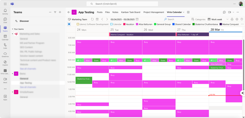 Sample color-coded Virto Calendar within Teams