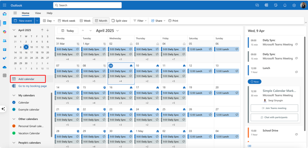 Adding a calendar in Outlook