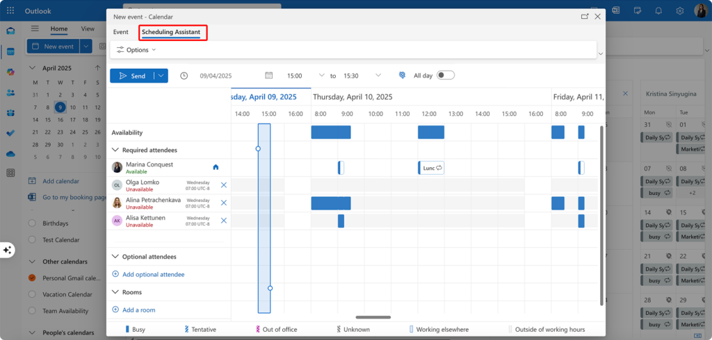 Creating a meeting with “Scheduling Assistant”