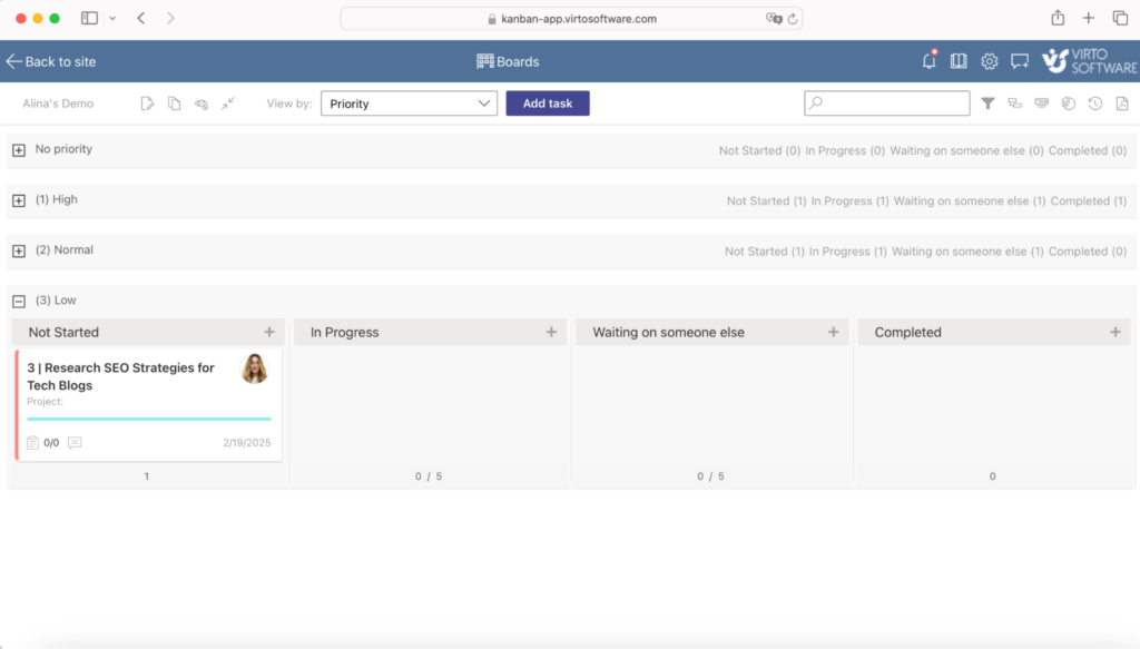Example swimlanes in the Virto Kanban Board App organizing work by priority